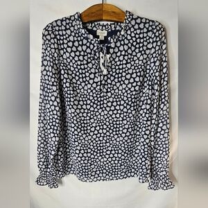​J. Crew Top Womens Small Navy Blue Heart Print Tie Neck Ruffle Long Sleeve